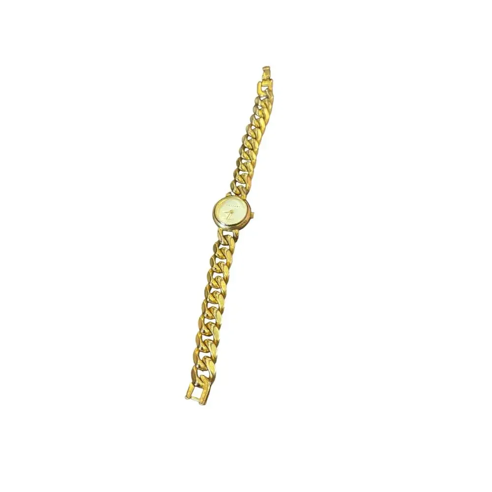 Trifari Gold Chain Bracelet Watch Mother of Pearl Dial 90s Chunky Jewelry Quartz